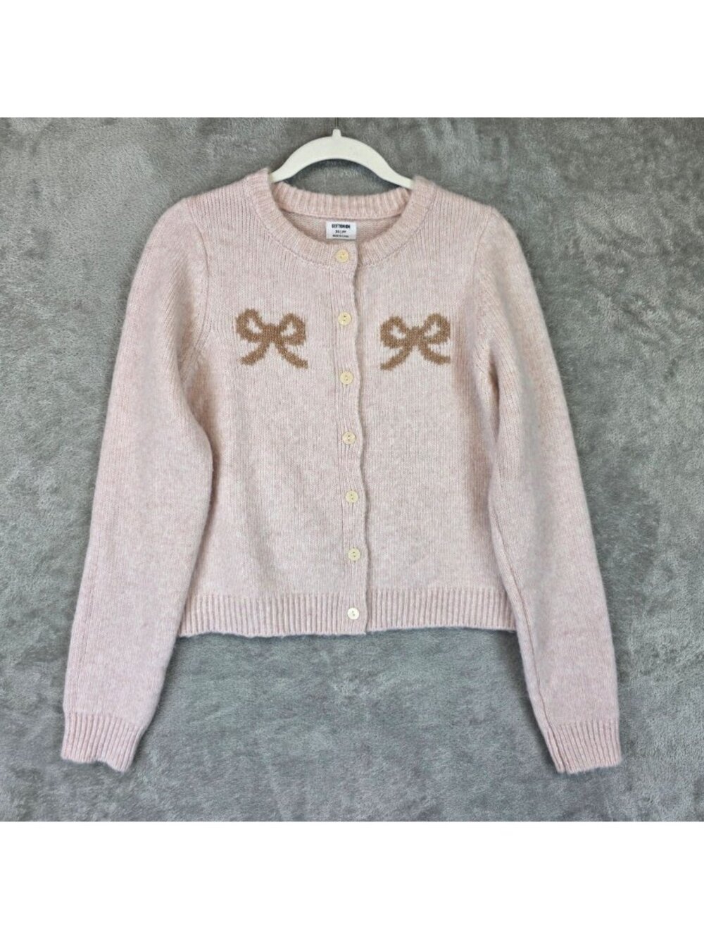 Cotton On Cardigan Sweater Womens XS Pink Bow Graphic Crew Neck Button Front